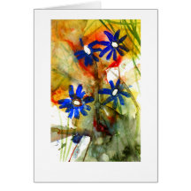 Flowers blue on red greeting card
