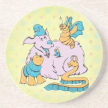 fluffy dog and friends cartoon art drink coaster