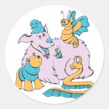 fluffy dog and friends cartoon art round sticker