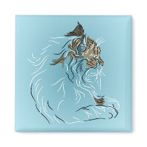 Fluffy Grey Cat on Blue Background