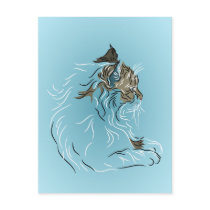 Fluffy Grey Cat on Blue Background