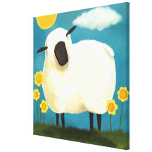 Fluffy Sheep and Yellow Flowers Art Print Gallery Wrapped Canvas
