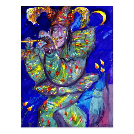 FLUTIST IN BLUE / Venetian Carnival Night Postcards