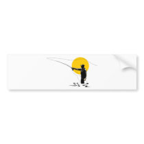 Fly fisherman casting reel with fishing lure bait bumper stickers