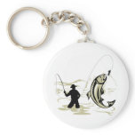 Fly fisherman casting reel with fishing lure bait keychains