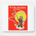 Fly fisherman casting reel with fishing lure bait mousepads
