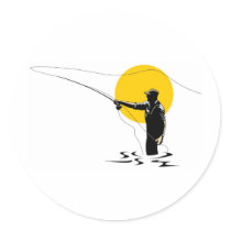 Fly fisherman casting reel with fishing lure bait round sticker