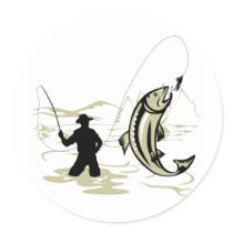 Fly fisherman casting reel with fishing lure bait sticker