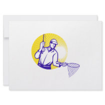Fly Fisherman Fishing Net Retro Woodcut Announcement
