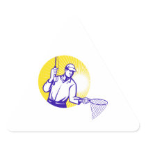 Fly Fisherman Fishing Net Retro Woodcut Triangle Sticker