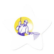 Fly Fisherman Fishing Net Retro Woodcut Sticker