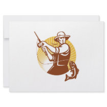 Fly Fisherman Fishing Retro Woodcut Invitations