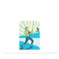 Fly Fisherman Fishing Retro Woodcut Triangle Stickers