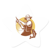 Fly Fisherman Fishing Retro Woodcut Stickers