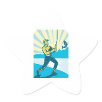 Fly Fisherman Fishing Retro Woodcut Sticker