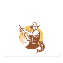 Fly Fisherman Fishing Retro Woodcut Triangle Stickers