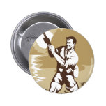 Fly fisherman fishing rod reel catching trout pinback button