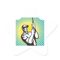 Fly Fisherman Reel Retro Woodcut Star Sticker