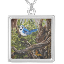 Flying Friends Butterfly and Blue Jay on Necklace