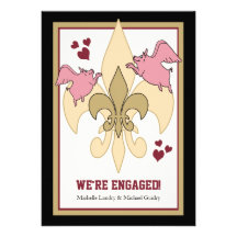 Flying Pig Fleur de Lis Black Gold Engagement Custom Invite