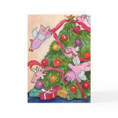 Flying Pigs Decorate the Christmas Tree Card by sharonfosterart