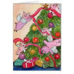 Flying Pigs Decorate the Christmas Tree Card