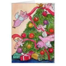 Flying Pigs Decorate the Christmas Tree Card