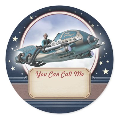 Flying Retro Rocket Name Tag Stickers by Retropolis_Travel