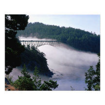 Fog drifts under the Deception Pass bridge at Photographic Print