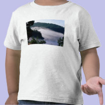Fog drifts under the Deception Pass bridge at t-shirts