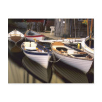 Fog surrounds four boats docked.