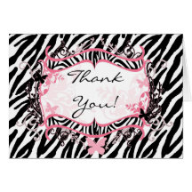 Folded Thank you Card Girly Butterfly Zebra Print