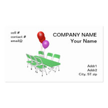 folding chair and tables with party balloons business cards