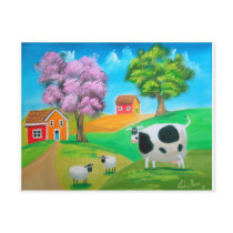 Folk art colourful cow and sheep painting