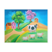 Folk art colourful cow and sheep painting
