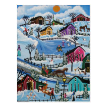 FOLK ART First Day Of Snow LORI EVERETT postcard