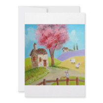 Folk art landscape mouse sheep old cottage custom invite