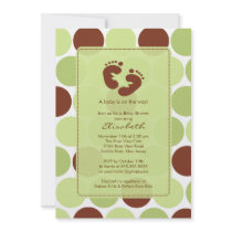 Footprint Baby Shower Invitation Green Polka Dots