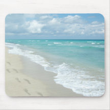 Footprints on White Sandy Beach, Scenic Aqua Blue Mouse Pads