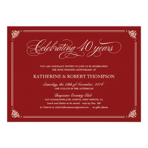 Formal Ruby 40th Anniversary Invitations