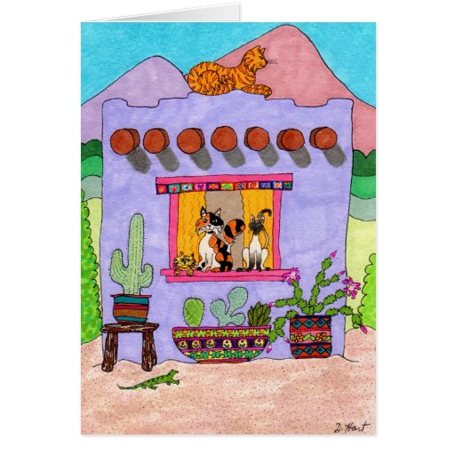 Four Cats at a Purple Adobe House Cards