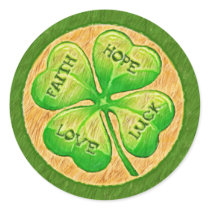Four Leaf Clover - Faith Hope Love Luck Round Sticker