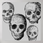 Four Skulls Poster. Black and Grey.