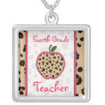 Fourth Grade Teacher Leopard Print Apple Necklace
