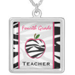Fourth Grade Teacher Zebra Print Apple Necklace