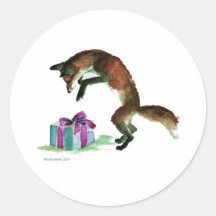 fox with present round sticker