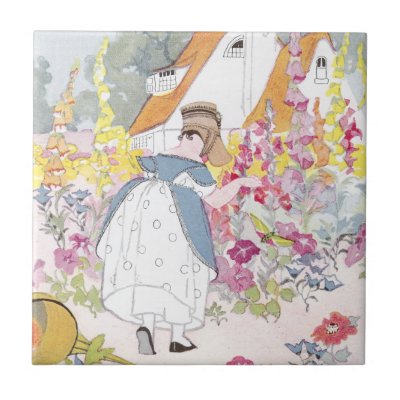 Foxglove Garden, Cottage and Handcart Tile by pinkalmond
