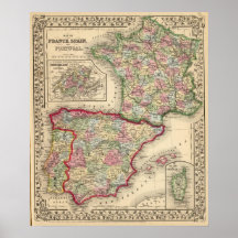 France, Spain, Portugal Map by Mitchell Poster