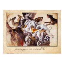 Frantic horses and attacking dogs post card