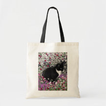 Freckles in Flowers II - Black and White Kitty Cat Canvas Bags